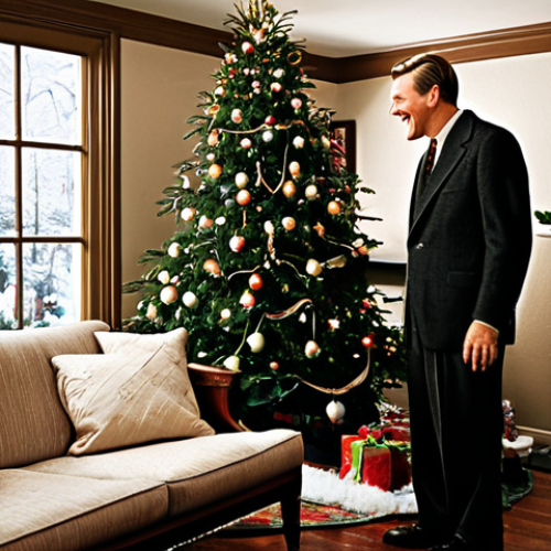 Home 6 "It's a Wonderful Life" Inspired Scene**
"A heartwarming scene depicting a fully clothed family gathered around a Christmas tree in a modest living room. A kind-faced man, George Bailey-esque, is smiling at his children. Snow is falling softly outside the window. Safe for work, appropriate content, fully clothed, professional photography, perfect anatomy, natural proportions, family-friendly."
**